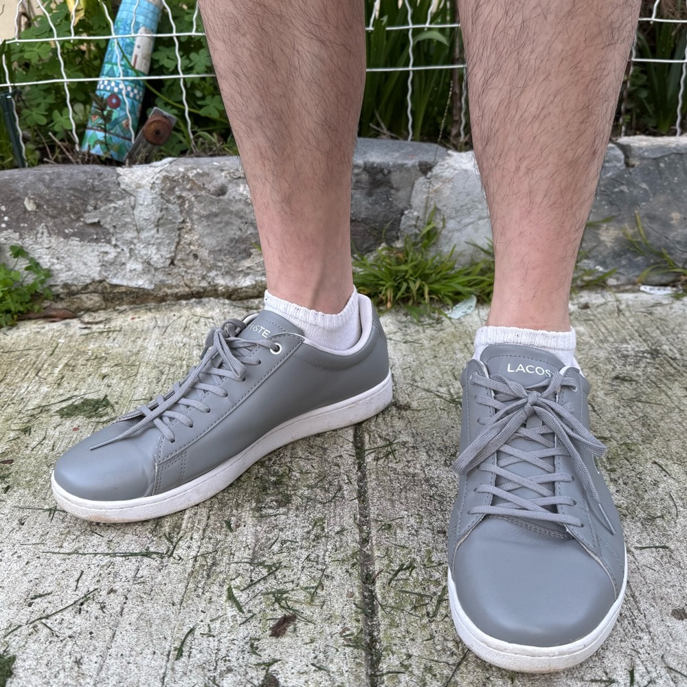 LACOSTE MEN HYDEZ SNEAKERS SHOES 11.5 45 LEATHER GREY WHITE CROCODILE LOGO LACE